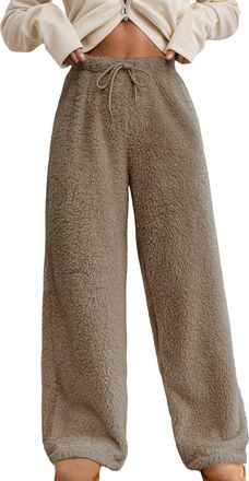 Generic Womens Fuzzy Fleece Pants High Elastic Waistband Drawstring Straight Wide Leg Sweatpants Warm Winter Cozy Soft Bottoms Casual Pants Beige