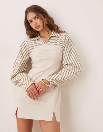 Asos Vestito corto e camicia 2 in 1 in bengalina tonalit&agrave; naturale a righe-Multicolore