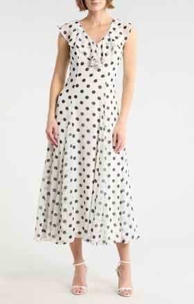 Wayf Ruffle Godet Midi Dress in Ivory Polka Dot at Nordstrom Rack, Size X-Large