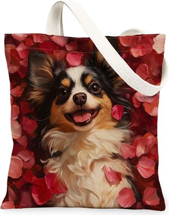 Generic Valentines Day Pug Dog Canvas Tote Bag for Shopping 13x15, Lover Rose Puppy Reusable Grocery Print Bag for Women, Pet Beach Aesthetic Painting Gift De