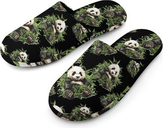 Generic Panda Bear And Weed Flannel Mens Slip-on Slippers Winter Warm House Shoes with Rubber Sole for Home Hotel