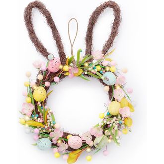 OEM Krans Paas - 40 Cm - Led-verlichting - Konijnvormig Frame - Rayonbloemen - Pastelkleurige Eieren - Voor Deur Of Muur - 1 Stuk