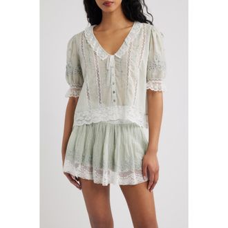 LoveShackFancy Maurelle Lace Trim Cotton Top in Eau De Nil at Nordstrom, Size X-Large