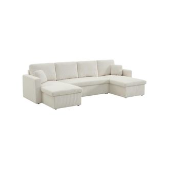 Sweeek Sof&aacute; cama panor&aacute;mico de pana con ba&uacute;l, 4 plazas, blanco