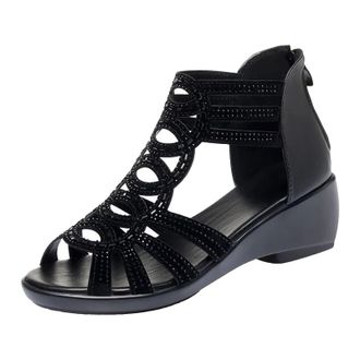 Generic Womens Romanesque Beach Non Slip Rhinestone Slope Heel Open Toe Breathable Sandals Zippered Shoes Stretch Strap Sandals (Black, 5.5)