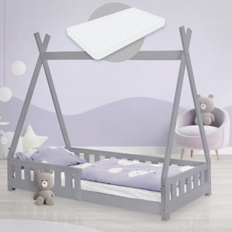 ML Design Ml-design - Cama Infantil Tipi Gris Claro Con Colch&oacute;n De Espuma Fr&iacute;a 80x160 Cm Protecci&oacute;n Antica&iacute;da Somier Estructura Listones De Madera Maciza De Pin