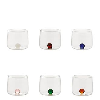 Zafferano Bilia Tumbler Junior Set 6 Bicchieri Piccoli Per Liquori E Amari In Vetro Borosilicato Lavorato A Mano Con Base A Sfera Colorata, Colori Assortiti