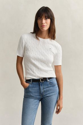 GANT Women Cable Knit Short Sleeve Sweater (XXL) EGGSHELL
