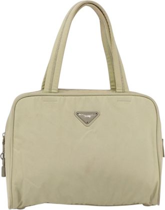Prada Zip Around Bauletto Bag Tessuto Beige Nylon Handbag (Pre-Owned)