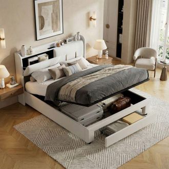 OEM Cama Cofre 160 X 200 Con Somier, Cama 2 Personas Con Usb Y Led, Cama 160x200 Con Caj&oacute;n, Cama Tapizada Doble Beige