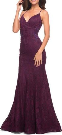 La Femme Lace Gown with Sheer Lace Applique Side Panels in Dark Berry at Nordstrom, Size 10
