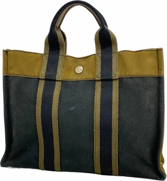 Herm&egrave;s Black Khaki Canvas Tote Bag (Pre-Owned)