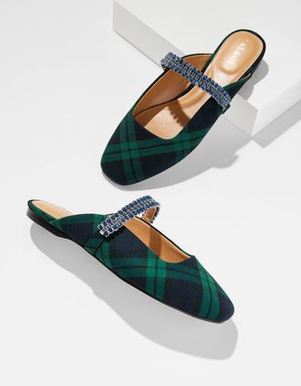 Talbots Sloane Embellished Mules - Black Watch Plaid - Indigo - 10 1/2 M Talbots