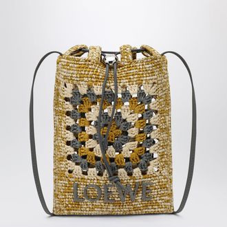 Loewe Pearl grey/mustard raffia and leather drawstring pouch