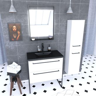 Aurlane Aurlane - Mueble De Ba&ntilde;o 80, Lavabo Negro, Espejo Led Y Columna - Blanco - Structura