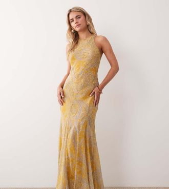 Asos Petite ASOS DESIGN Petite - Vestito lungo con scollo a vogatore e taglio sbieco con fondo godet in stampa cachemire-Arancione