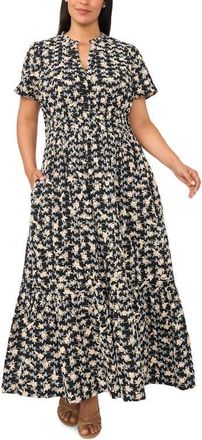 CeCe by Cynthia Steffe Embroidered Split Neck Tiered Cotton Maxi Dress in Rich Black at Nordstrom, Size 3X