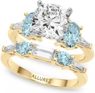 Allurez Cushion Lab Grown Diamond & Oval Aquamarine Bridal Set 18K Yellow Gold (4.65ct)