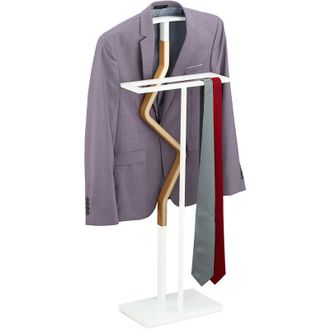 Relaxdays Valet Stand, Suit Holder, Clother Butler, Wardrobe Hanger, Wood, Metal, HxWxD 107x48x20 cm, White/Natural - Relaxdays