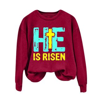 Generic HUIFUAO He Is Risen Womens Easter Sweatshirt Easter Plus Size Shirts Long Sleeve Easter Cross Print Hoodie Ladies Easter Tops (Red, XXL)