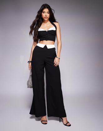 Asos Pantaloni a fondo ampio in raso nero a contrasto in coordinato-Multicolore