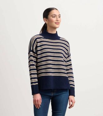 Hatley Mock Neck Sweater In Navy And Camel Stripe