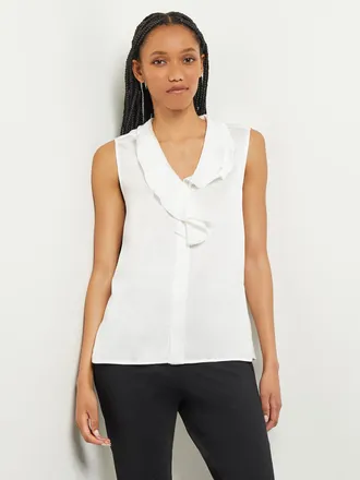 Misook Waterfall Ruffle Crepe de Chine Blouse, White