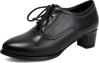 Generic Womens Vintage Lace Up Pumps Oxfords Pointed Toe Block Mid Heel Brogues Office Dress Shoes Casual Loafers (Black,7.5)