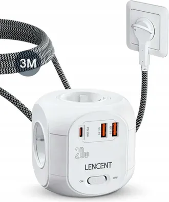 OEM Cable De Extensi&oacute;n De 3 M. Lencent 7 En 1: 4 Tomas De Corriente Alterna, 2 Puertos Usb A Qc 3.0, 1 Puerto Usb C Pd De 20 W