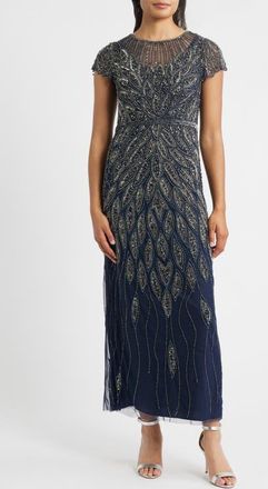 Pisarro Nights Beaded Cap Sleeve Column Gown in Navy at Nordstrom, Size 16
