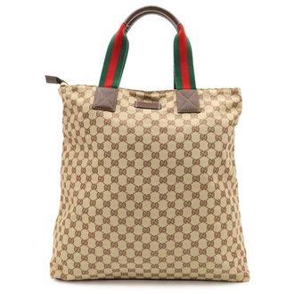 Gucci Beige Dark Brown Green Red Color Nylon Canvas Leather Tote Bag (Pre-Owned)
