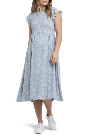 Ripe Ava Floral Shirred Midi Maternity Dress in Petrol/white at Nordstrom, Size X-Small