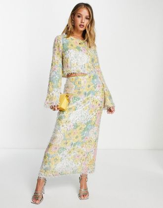 Asos Gonna midi con motivo floreale pastello, paillettes e frange-Multicolore