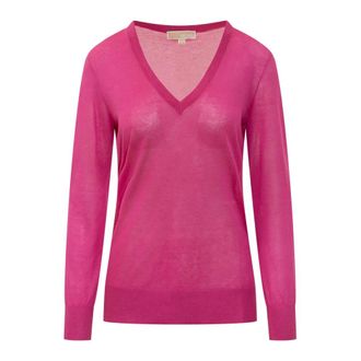 Michael Kors Roze V-hals Gebreide trui met Geribbelde Details - Dames - V-hals truien - Roze - S - Truien & Vesten