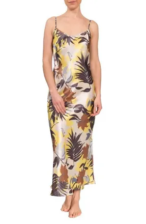 Everyday Ritual Angelina Plaid Satin Slip Nightgown in Tropical Foliage at Nordstrom, Size Xx-Large