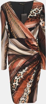 Roberto Cavalli Multicolor Animal Print Stretch Crepe Piercing Draped Midi Dress