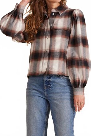 bobi Crop Puff Sleeve Shirt With Pocket In Brown Plaid