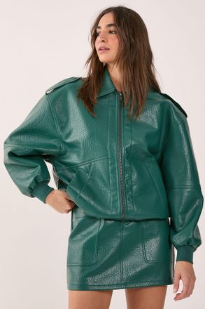 NASTY GAL Womens Textured Faux Leather Zip Through Bomber Jacket - Forest Green - Size 12 UK