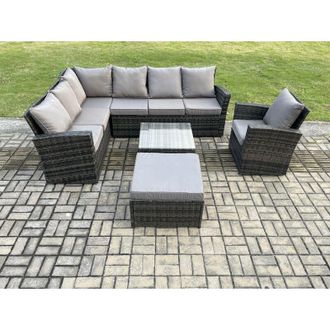 Fimous Rattan Garden Furniture Set Outdoor Lounge Corner Sofa Set With Square Coffee Table Big Footstool Armchair 8 Seater Dark Grey Mixed - Fimous