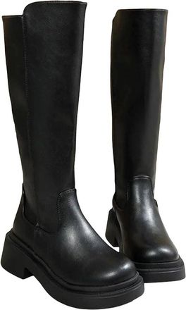 Generic Womens Wedge Heel Mid Calf Boots Gothic Style Thick Sole Motorcycle Boots