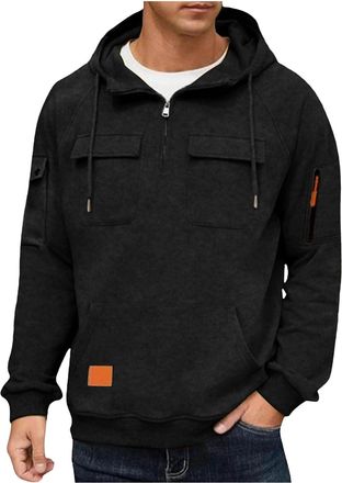 Generic Hoodies for Men UK 1/4 Zip Sweatshirt Long Sleeve Fleece Lined Pullover Tops Pockets Thermal Hoody Sweatshirts Black