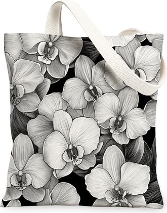 Generic Aesthetic Orchid Flower Canvas Tote Bag for Shopping 13x15, Cool Floral Garden Reusable Grocery Print Pattern Bag for Women, Retro Wildflower Beach Ae