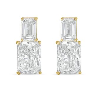 Diana M. Jewels 14kt yellow gold 7cts lab grown emerald and radiant cut diamond earrings