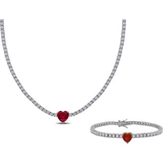 Delmar Lab Grown Ruby Heart & Lab Grown White Sapphire Tennis Necklace & Bracelet Set in Red at Nordstrom Rack