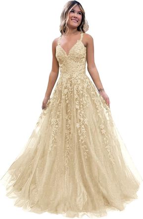 Generic Womens Lace Applique Prom Dresses Long Tulle Bridesmaid Dress A Line V Neck Formal Party Ball Gowns with Slit Champagne XS