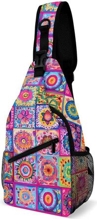 Generic Colorful Bohemian Flowers Mens Shoulder Bags Sling Crossbody Backpack Travel Hiking Chest Bag with Small Side 38x20cm