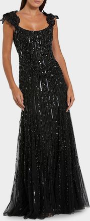 Mac Duggal Evening Beaded Floral Mesh Gown