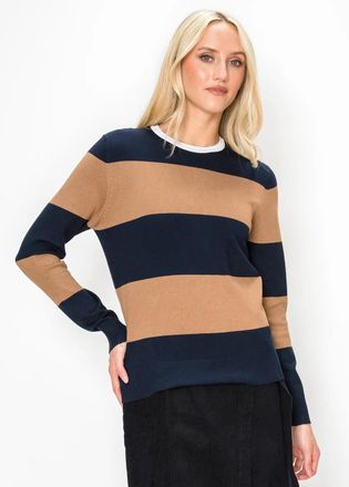 YAL New York Stripe Knit Sweater in Navy and Camel