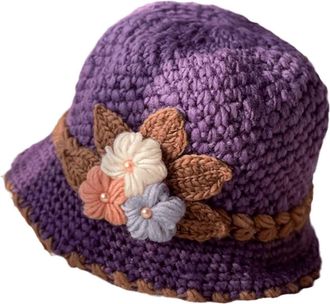 Generic Womens Classic French Artists Beret French Thicken Womens Flowers Knitted Woolen Hat Warm and Windproof Knitted Crochet Flower Knitting Hat French Hat