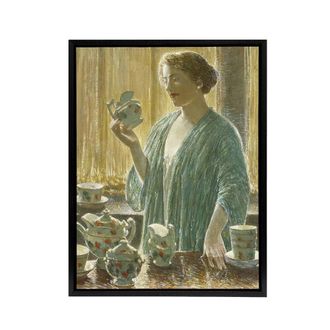 Artery8 Strawberry Tea Set Domestic Scene Hassam Framed Canvas Wall Art Print | Size: W24 x H32